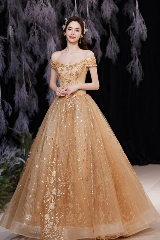 Flowing prom dresses with chiffon fabric-Gold tulle sequins long A line prom dress evening dress 8861 Flowing prom dresses with chiffon fabric-Gold tulle sequins long A line prom dress evening dress 8861