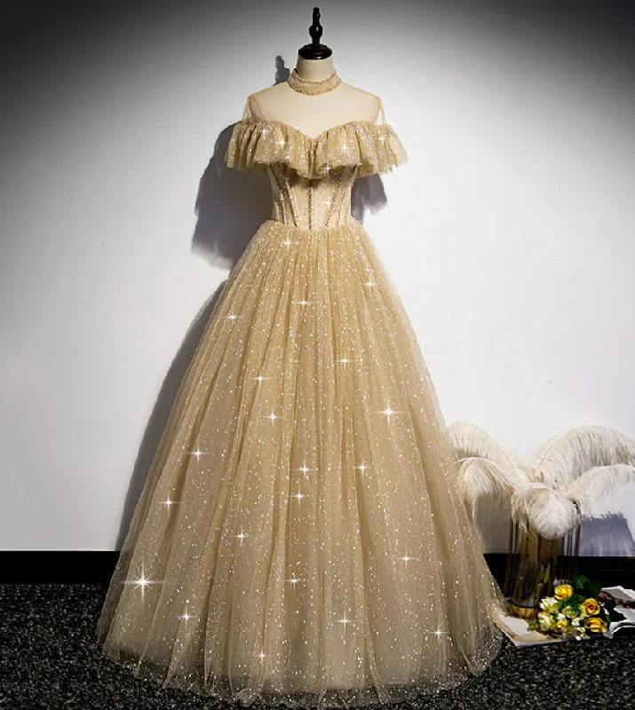 Fashion-forward prom dresses for trendy girls-Gold tulle sequins long ball gown dress formal dress 8549 Fashion-forward prom dresses for trendy girls-Gold tulle sequins long ball gown dress formal dress 8549