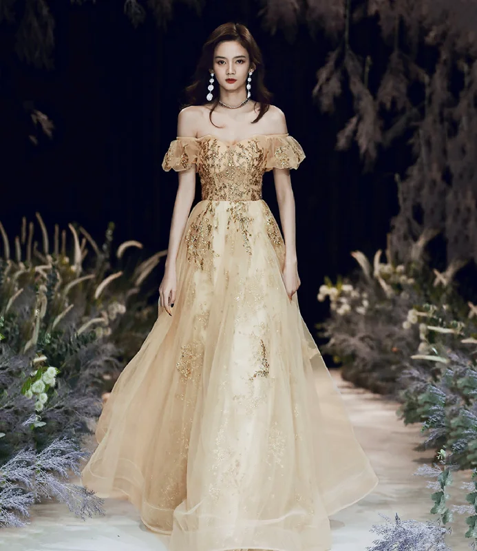 Boho style prom dresses for relaxed charm-Gold tulle sequins long prom dress A line evening dress 8880 Boho style prom dresses for relaxed charm-Gold tulle sequins long prom dress A line evening dress 8880