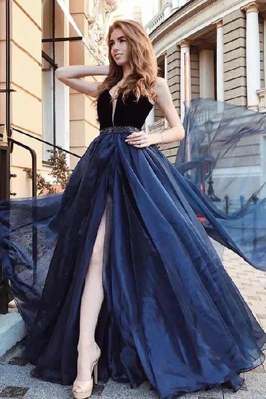 Elegant black tie prom dresses-Gorgeous A Line Open Back Sleeveless With Split Side Prom Dresses gh2258