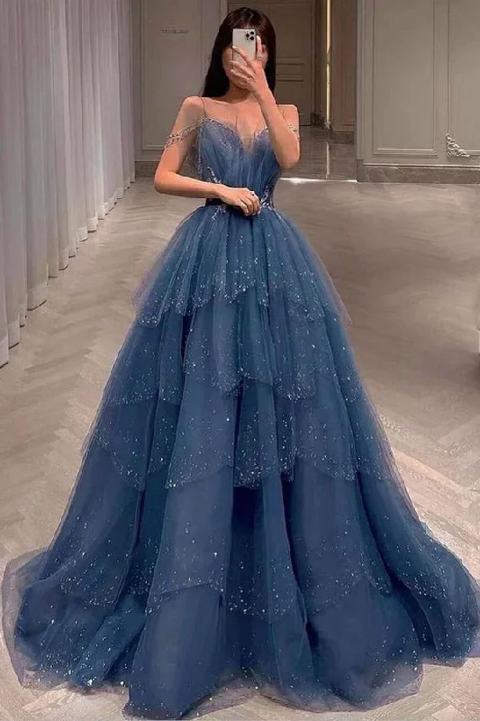 Boho style prom dresses for relaxed charm-Gorgeous Blue Sparkly Tulle Beaded Prom Dress, Tiered Formal Gown With Rhinestone gh1814 Boho style prom dresses for relaxed charm-Gorgeous Blue Sparkly Tulle Beaded Prom Dress, Tiered Formal Gown With Rhinestone gh1814