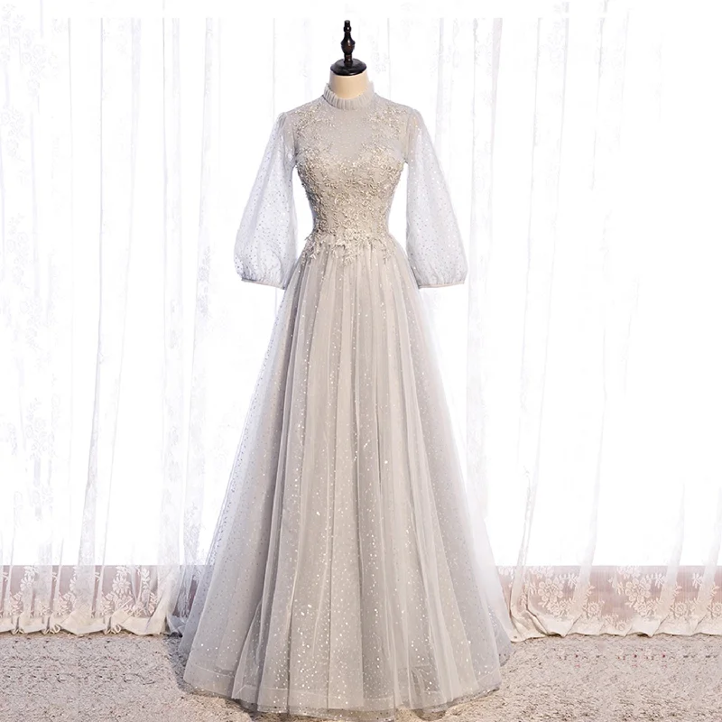 Prom dresses with hearts-Gray lace sequins long prom gown evening dress  8964