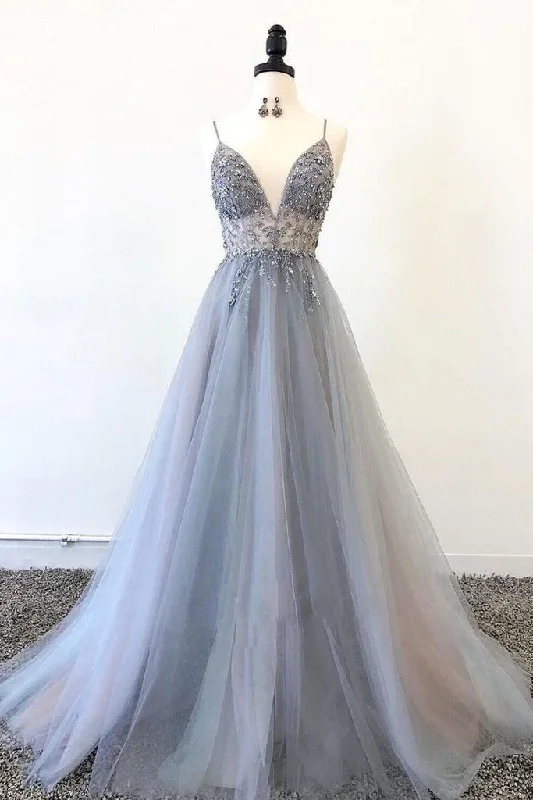 Elegant lace-back prom dresses-Gray Spaghetti Straps Beaded Tulle A Line Prom Dresses Evening Party Dress  gh1037