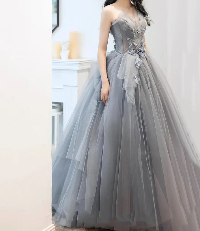Beautifully embroidered prom dresses-Gray tulle applique long prom dress A line evening gown 10485 Beautifully embroidered prom dresses-Gray tulle applique long prom dress A line evening gown 10485