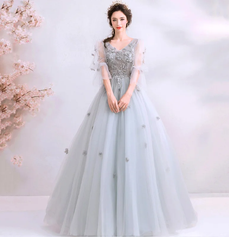 Formal prom dresses with dramatic flair-Gray tulle applique long prom dress evening gown 10100 Formal prom dresses with dramatic flair-Gray tulle applique long prom dress evening gown 10100