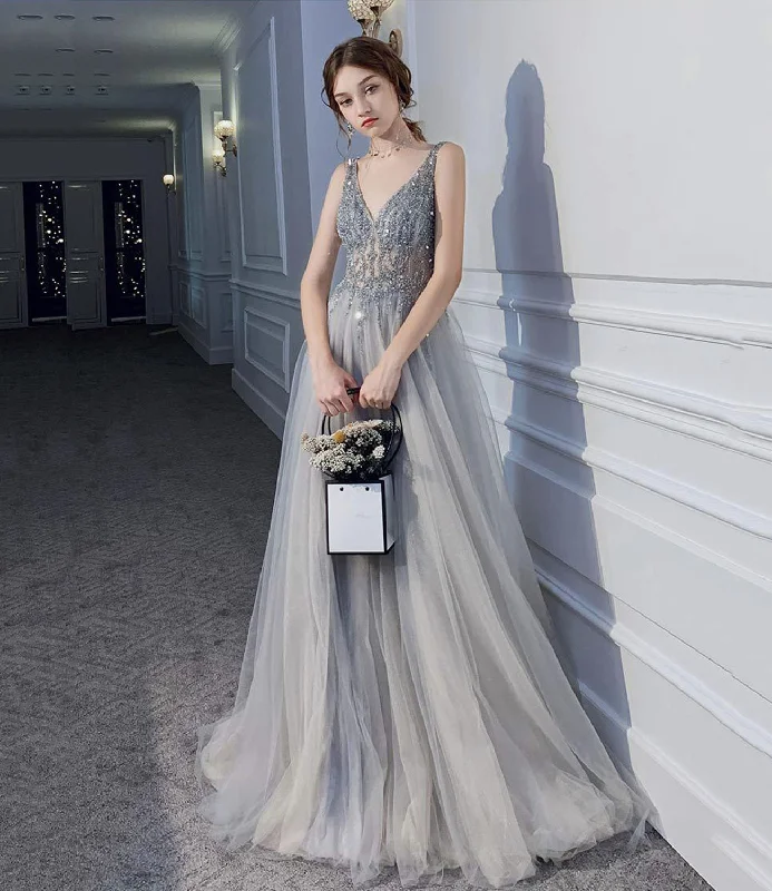 Sexy open-back gowns for prom-Gray tulle beads long prom dress A line evening dress 10409 Sexy open-back gowns for prom-Gray tulle beads long prom dress A line evening dress 10409