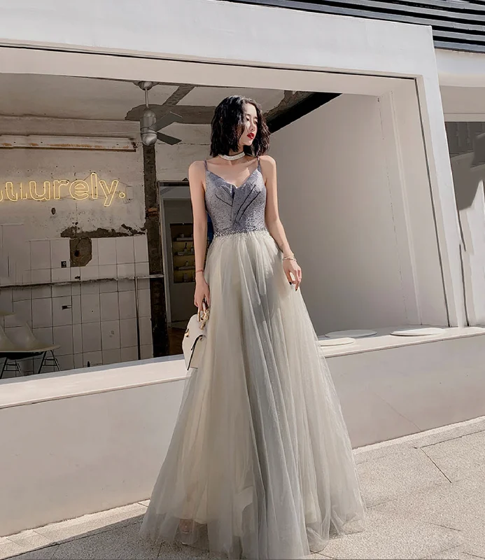 Ruffled prom dresses for extra flair-Gray tulle beads long prom dress A line evening dress 10514 Ruffled prom dresses for extra flair-Gray tulle beads long prom dress A line evening dress 10514