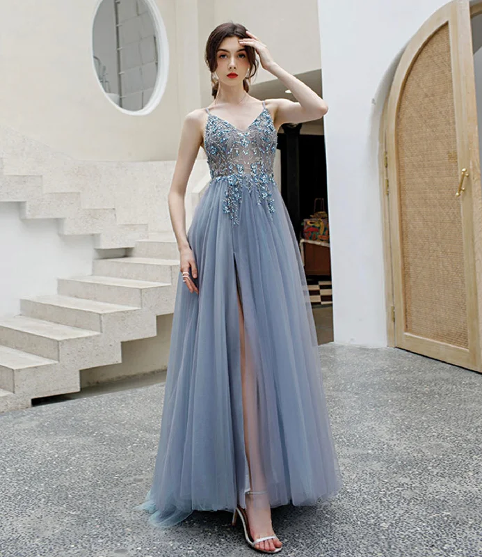 Off-shoulder prom dresses for a chic style-Gray tulle beads long prom dress A line evening dress 10579 Off-shoulder prom dresses for a chic style-Gray tulle beads long prom dress A line evening dress 10579