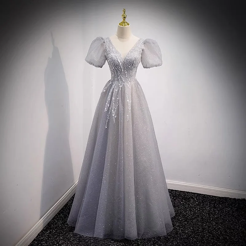 Prom dresses with flowers-Gray tulle beads long prom dress A line evening dress 8956 Prom dresses with flowers-Gray tulle beads long prom dress A line evening dress 8956