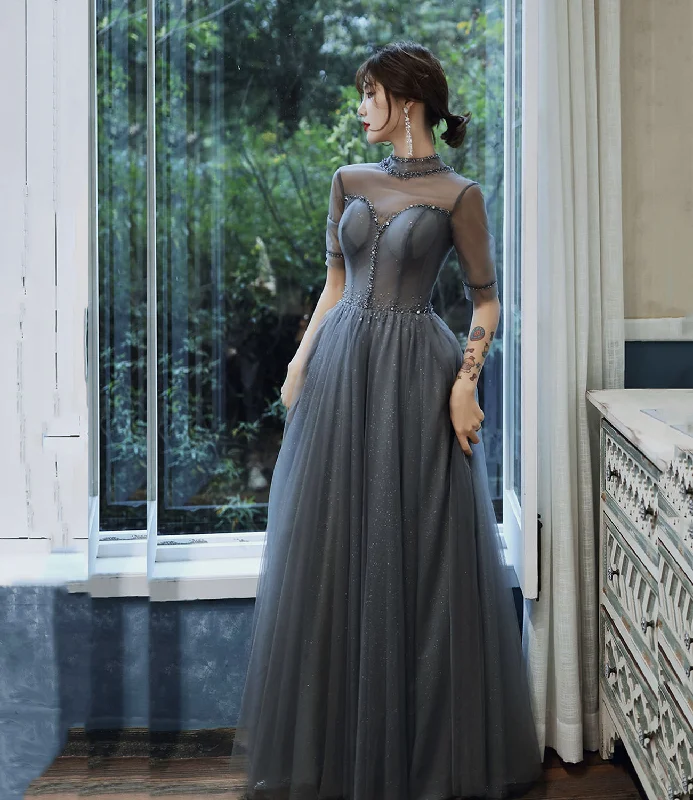 Plus size prom dresses for all figures-Gray tulle beads long prom dress A line evening gown  10278