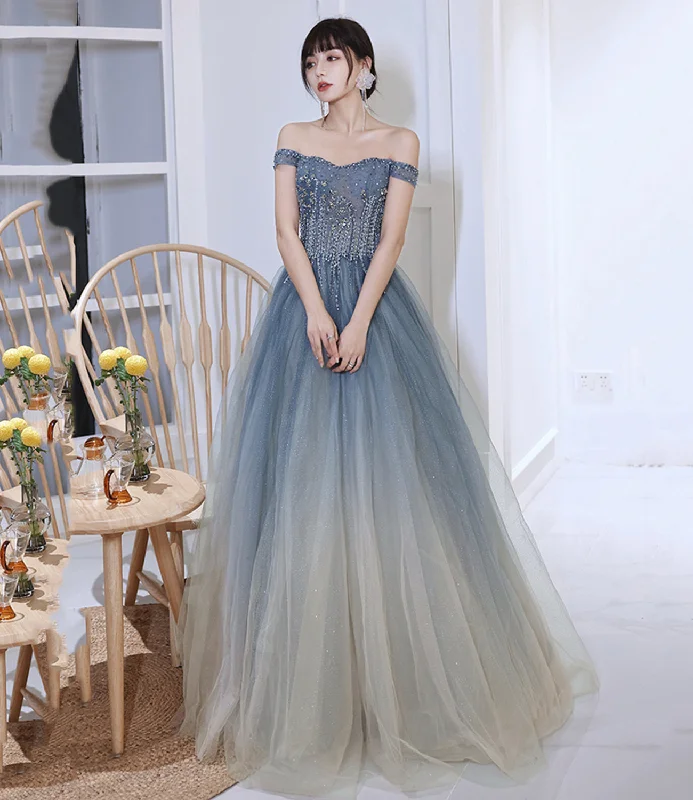 Prom dresses with metallic-Gray tulle beads long prom dress evening dress  8991