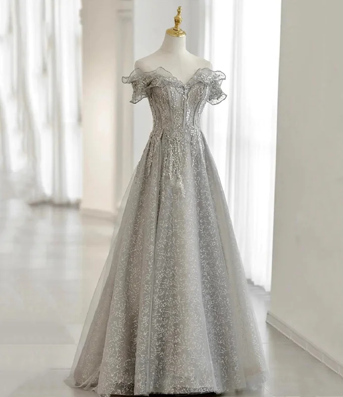 Stunning prom dresses with sequins-Gray tulle beads long prom dress evening gown 10174 Stunning prom dresses with sequins-Gray tulle beads long prom dress evening gown 10174