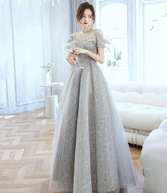 Chic prom dresses for a sophisticated look-Gray tulle beads long prom dress gray evening gown 10170 Chic prom dresses for a sophisticated look-Gray tulle beads long prom dress gray evening gown 10170