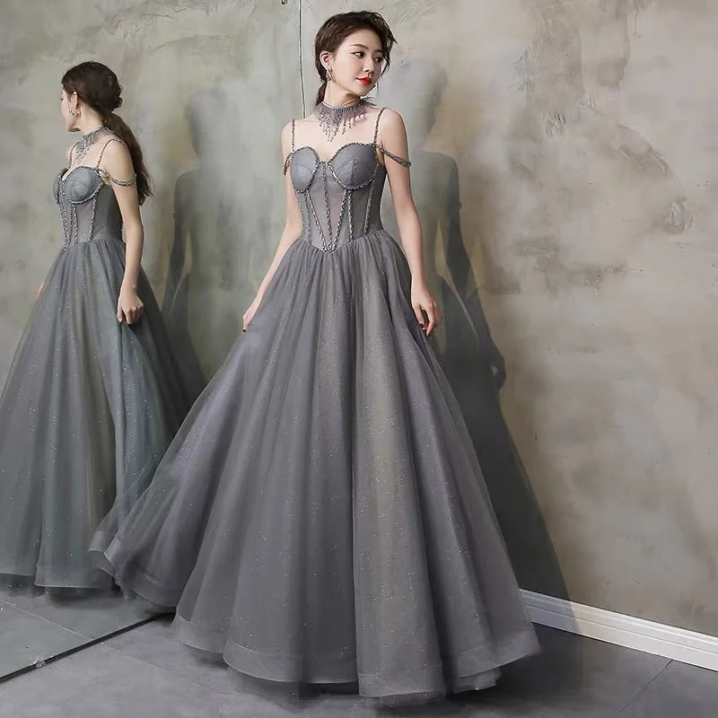 Pink satin prom dresses for a glamorous vibe-Gray tulle beads long prom gown A line evening gown 10111 Pink satin prom dresses for a glamorous vibe-Gray tulle beads long prom gown A line evening gown 10111