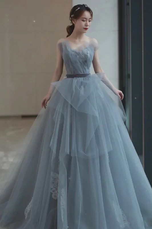 Prom dresses with sequins-Gray tulle lace long A line prom dress evening dress 8682 Prom dresses with sequins-Gray tulle lace long A line prom dress evening dress 8682