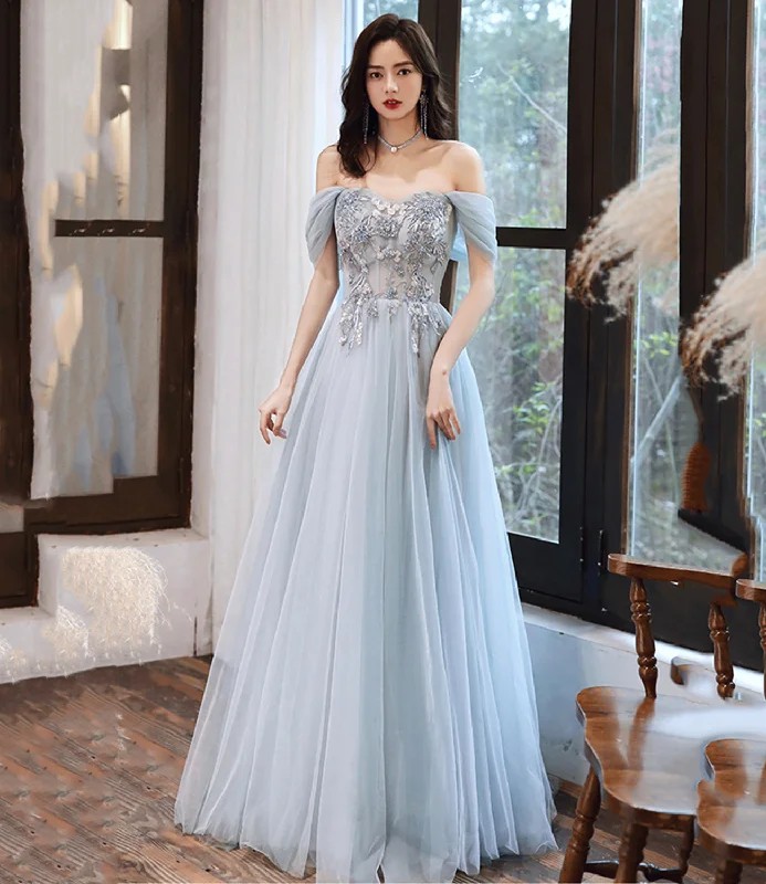 Modern mermaid prom dresses for dramatic flair-Gray tulle lace long A line prom dress evening dress 8698 Modern mermaid prom dresses for dramatic flair-Gray tulle lace long A line prom dress evening dress 8698