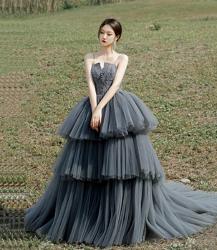 Prom dresses for Thanksgiving-Gray tulle lace long ball gown dress formal dress  10306