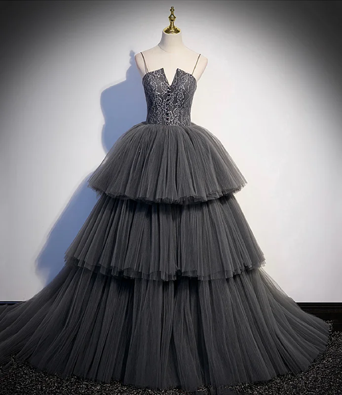 Prom dresses for winter sports-Gray tulle lace long ball gown dress formal gown  10296