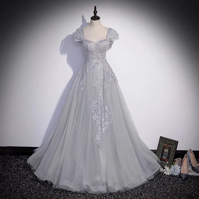 Standout prom dresses for every occasion-Gray tulle lace long prom dress A line evenig gown 10081 Standout prom dresses for every occasion-Gray tulle lace long prom dress A line evenig gown 10081