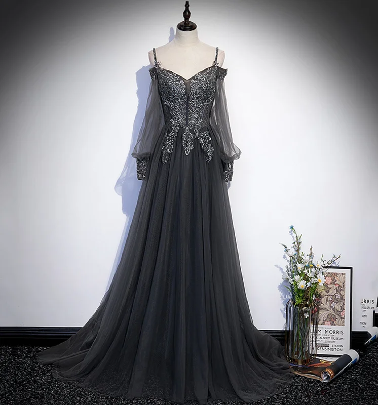 Sparkle in a stunning prom dress-Gray tulle lace long prom dress A line evening dress 10109 Sparkle in a stunning prom dress-Gray tulle lace long prom dress A line evening dress 10109