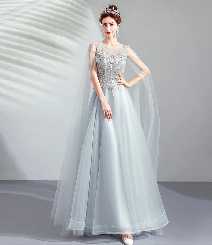 Chic prom dresses for a sophisticated look-Gray tulle lace long prom dress A line evening dress 10509 Chic prom dresses for a sophisticated look-Gray tulle lace long prom dress A line evening dress 10509