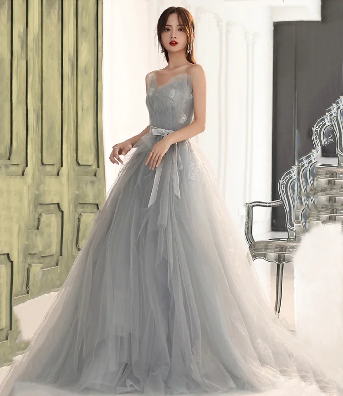 Elegant gowns for prom in satin-Gray tulle lace long prom dress A line evening gown 10131 Elegant gowns for prom in satin-Gray tulle lace long prom dress A line evening gown 10131