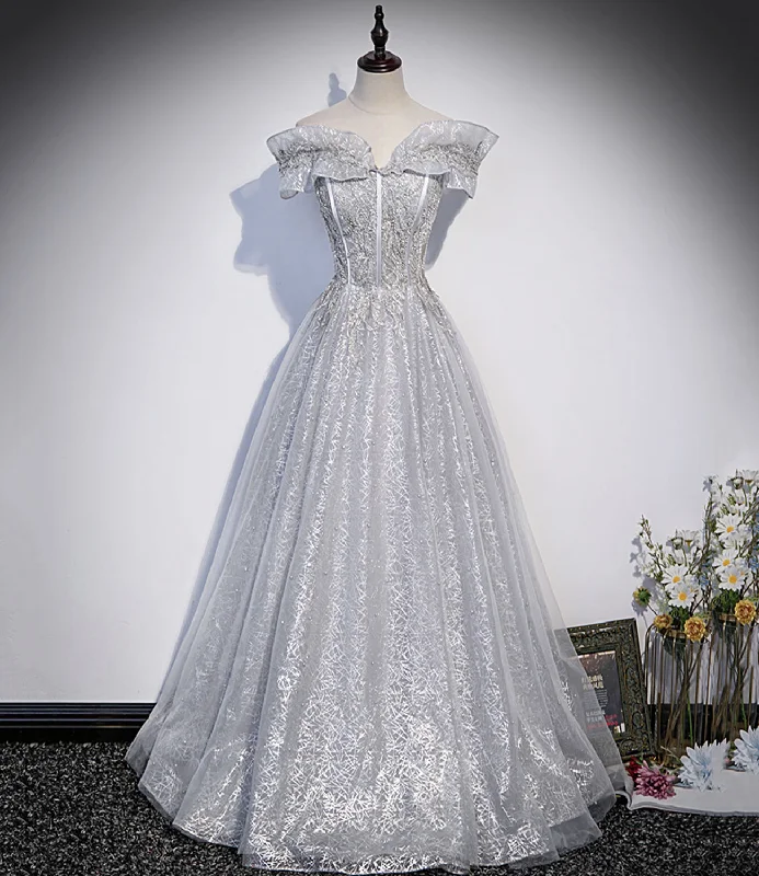 Sleek prom dresses with minimal detailing-Gray tulle lace long prom dress A line evening gown 10406 Sleek prom dresses with minimal detailing-Gray tulle lace long prom dress A line evening gown 10406