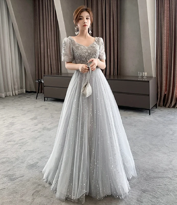 Prom dresses with spooky themes-Gray tulle lace long prom dress evening dress  8945