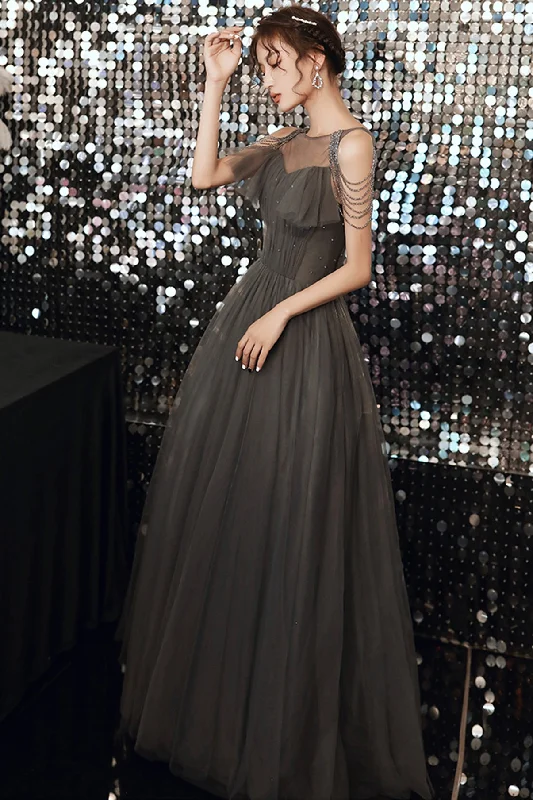 Prom dresses for casual wear-Gray tulle long A line prom dress evening dress  8672