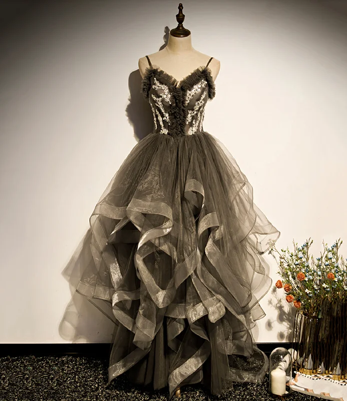 Affordable prom dresses for every budget-Gray tulle long A line prom dress evening dress 8824 Affordable prom dresses for every budget-Gray tulle long A line prom dress evening dress 8824