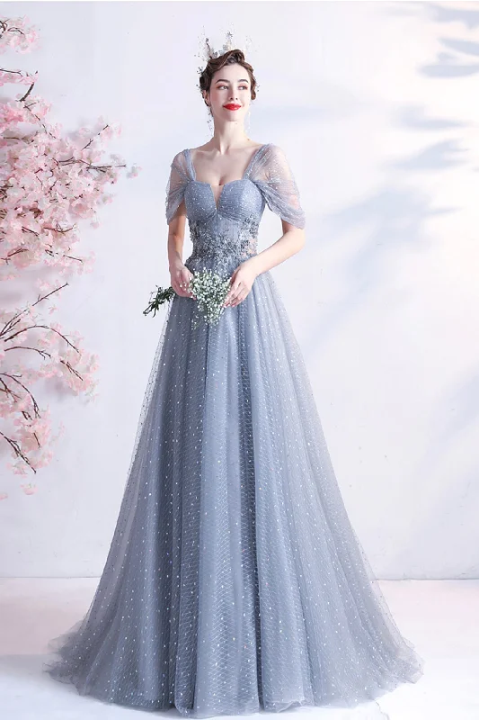 Embellished prom dresses with sparkling gems-Gray tulle long A line prom dress gray evening dress 8770 Embellished prom dresses with sparkling gems-Gray tulle long A line prom dress gray evening dress 8770
