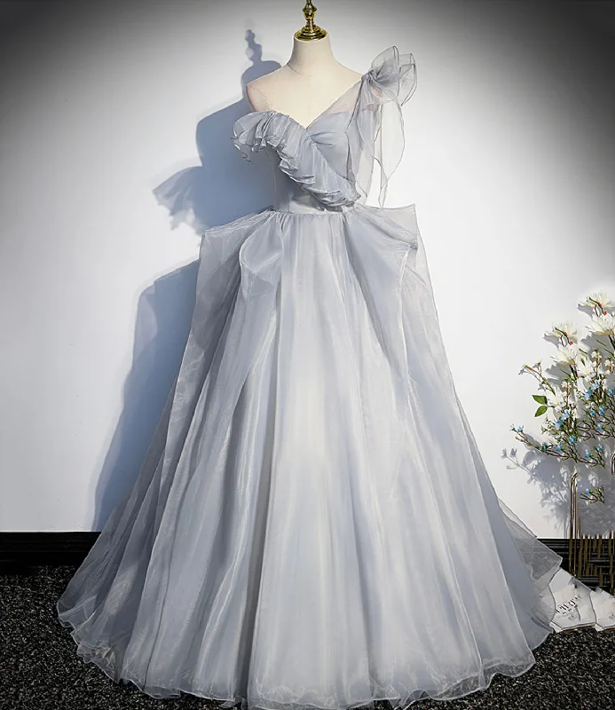 V-neck prom dresses for an elegant style-Gray tulle long ball gown dress A line evening gown  10273