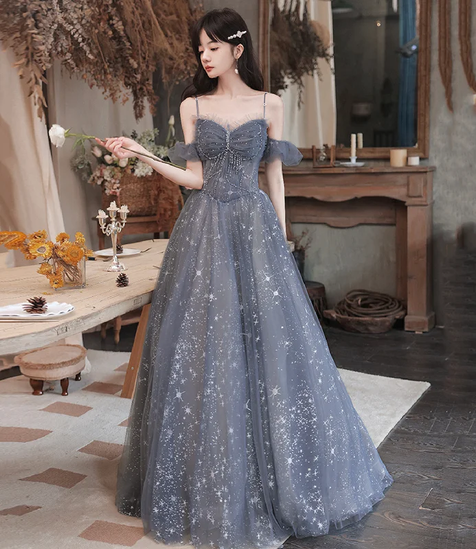 Silk prom dresses for a sophisticated look-Gray tulle long prom dress A line evening dress 10489 Silk prom dresses for a sophisticated look-Gray tulle long prom dress A line evening dress 10489