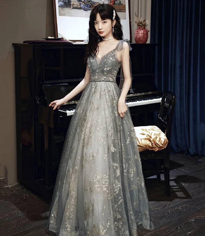 Standout prom dresses for every occasion-Gray tulle sequins A line prom dress gray evening dress 10433 Standout prom dresses for every occasion-Gray tulle sequins A line prom dress gray evening dress 10433