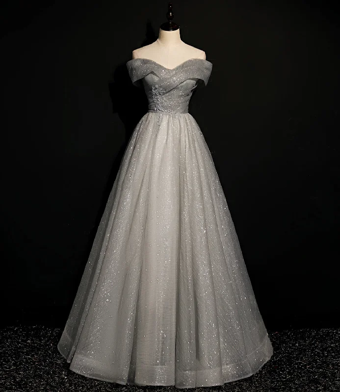 Charming prom dresses with floral motifs-Gray tulle sequins long A line prom dress evening dress 8701 Charming prom dresses with floral motifs-Gray tulle sequins long A line prom dress evening dress 8701