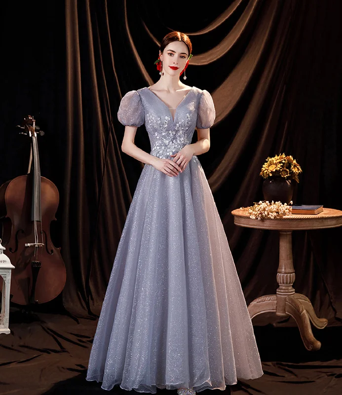 Classy black and white prom dresses-Gray tulle sequins long A line prom dress evening dress 8814 Classy black and white prom dresses-Gray tulle sequins long A line prom dress evening dress 8814