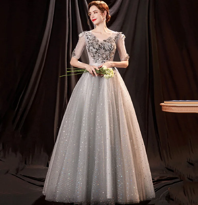 Gorgeous prom dresses with feather details-Gray tulle sequins long ball gown dress formal dress 10147 Gorgeous prom dresses with feather details-Gray tulle sequins long ball gown dress formal dress 10147