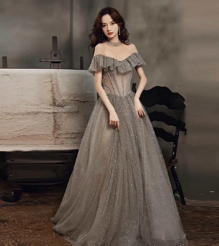 Soft pink prom dresses for a sweet style-Gray tulle sequins long ball gown dress formal dress 8558 Soft pink prom dresses for a sweet style-Gray tulle sequins long ball gown dress formal dress 8558