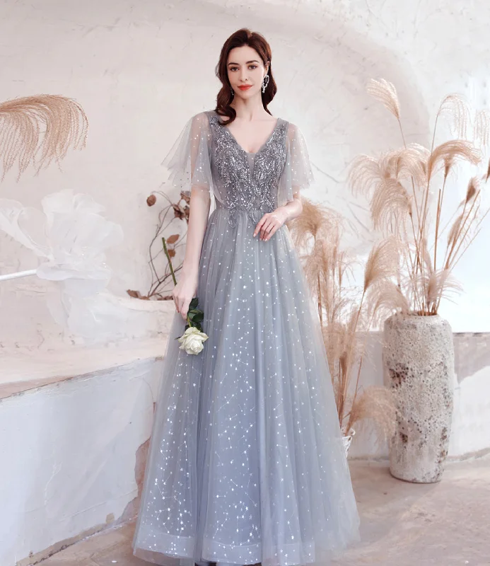 Off-the-shoulder prom dresses for summer-Gray tulle sequins long prom dress A line evening dress 10528 Off-the-shoulder prom dresses for summer-Gray tulle sequins long prom dress A line evening dress 10528