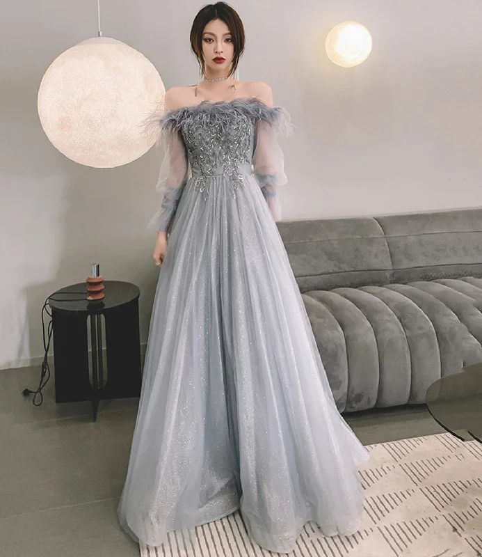 Luxury prom dresses with rhinestones-Gray tulle sequins long prom dress A line evening dress 10559 Luxury prom dresses with rhinestones-Gray tulle sequins long prom dress A line evening dress 10559