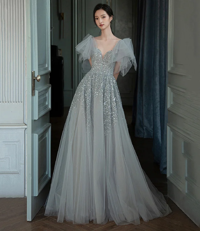 Elegant satin prom dresses for formal nights-Gray tulle sequins long prom dress A line evening dress 10574 Elegant satin prom dresses for formal nights-Gray tulle sequins long prom dress A line evening dress 10574