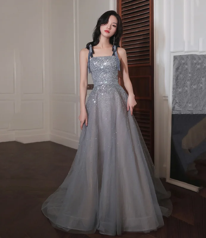 Sexy mermaid prom dresses for hourglass figures-Gray tulle sequins long prom dress A line evening dress 8889 Sexy mermaid prom dresses for hourglass figures-Gray tulle sequins long prom dress A line evening dress 8889