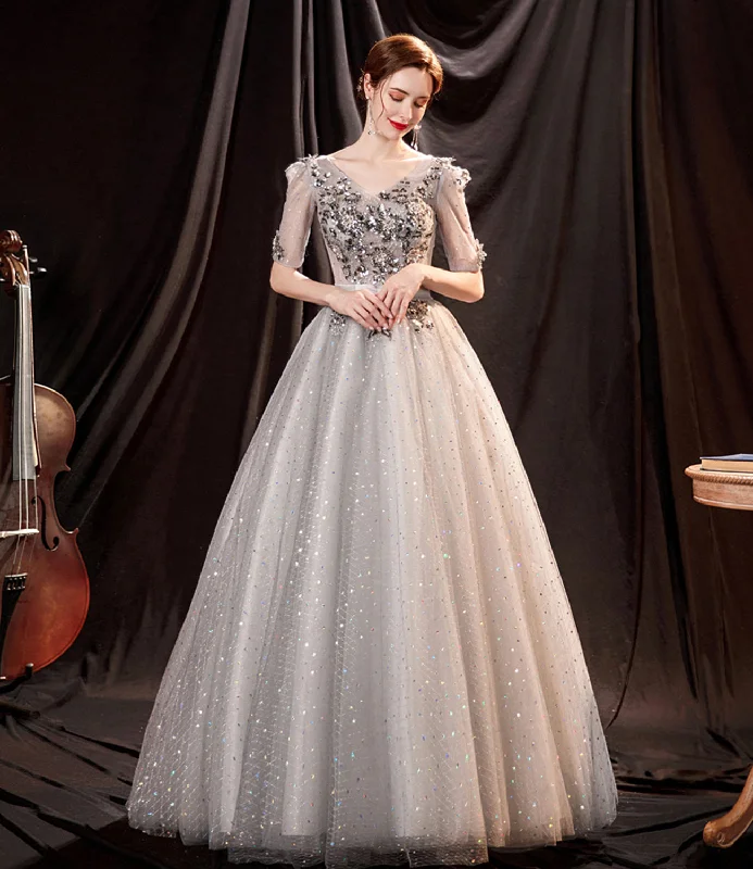 Prom dresses for evening events-Gray tulle sequins long prom dress A line evening dress 8996 Prom dresses for evening events-Gray tulle sequins long prom dress A line evening dress 8996