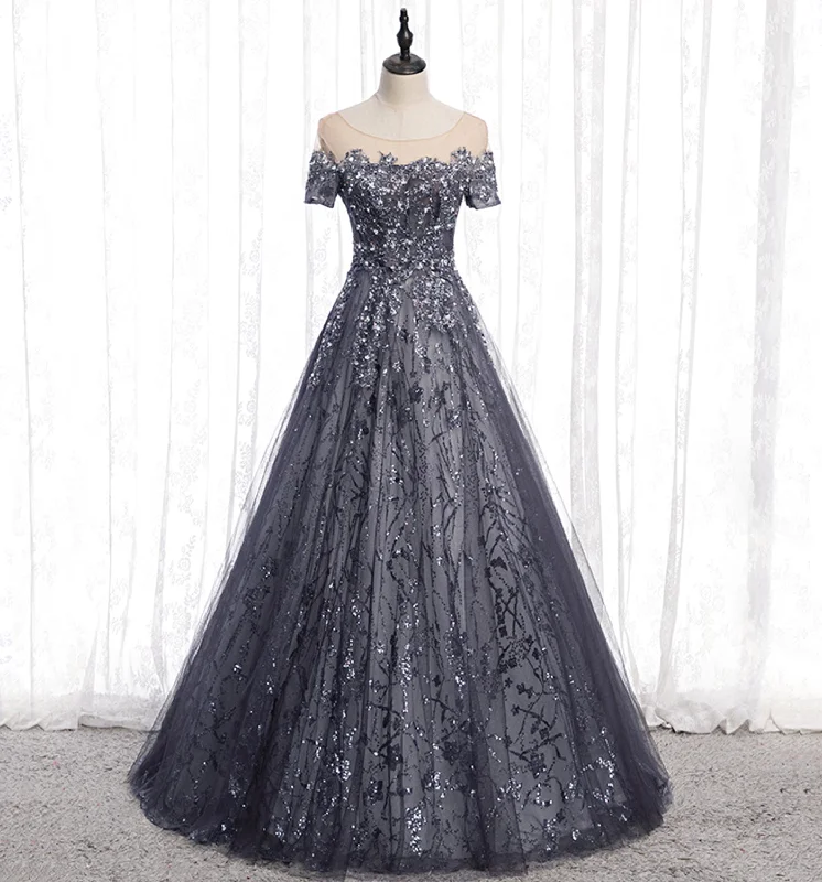 Prom dress outfit ideas-Gray tulle sequins long prom dress A line evening gown 10002 Prom dress outfit ideas-Gray tulle sequins long prom dress A line evening gown 10002