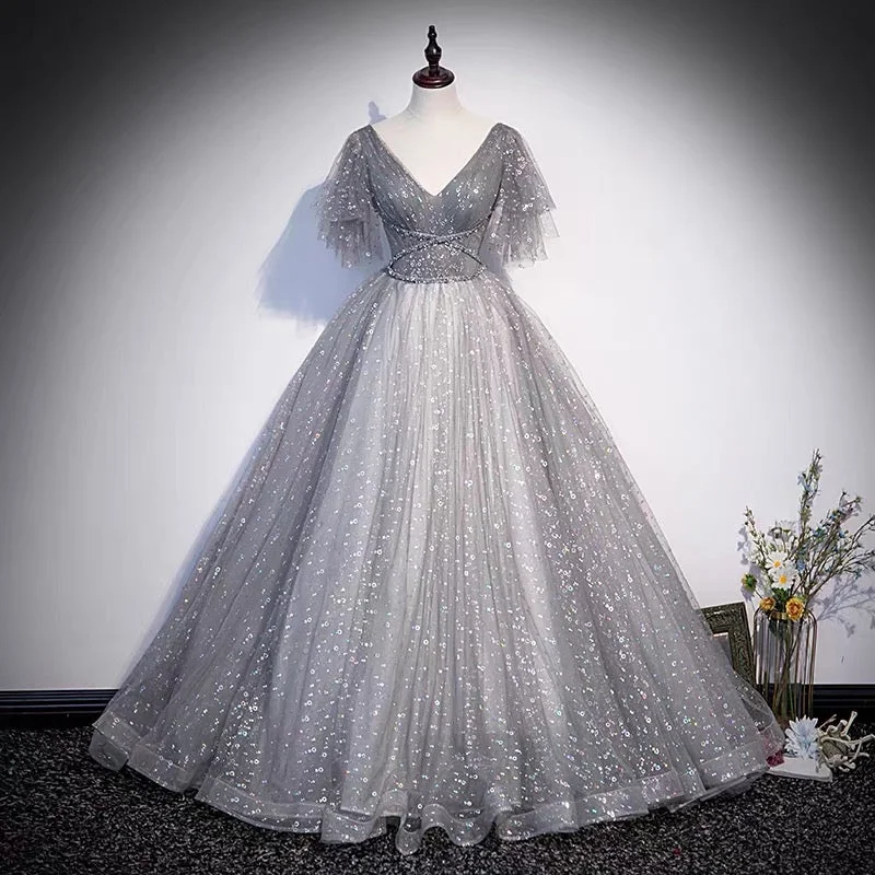 Red prom dresses for attention-grabbing style-Gray tulle sequins long prom dress A line evening gown 10103 Red prom dresses for attention-grabbing style-Gray tulle sequins long prom dress A line evening gown 10103