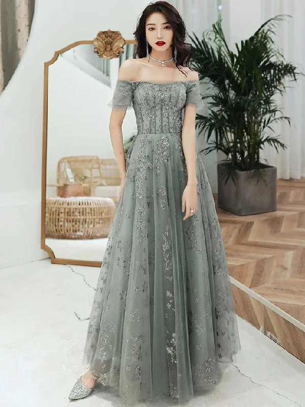 Comfortable but stylish prom dresses-Gray tulle sequins long prom dress A line evening gown 10125 Comfortable but stylish prom dresses-Gray tulle sequins long prom dress A line evening gown 10125