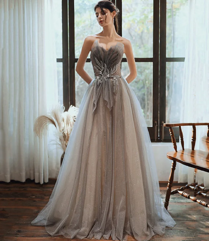 Stylish satin and lace prom dresses-Gray tulle sequins long prom dress A line evening gown 10376 Stylish satin and lace prom dresses-Gray tulle sequins long prom dress A line evening gown 10376