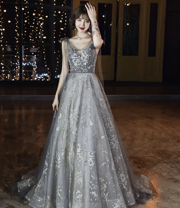 Elegant and feminine prom dresses-Gray tulle sequins long prom dress A line evening gown 10436 Elegant and feminine prom dresses-Gray tulle sequins long prom dress A line evening gown 10436