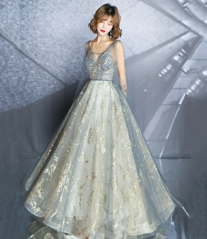 Bright yellow prom dresses for fun style-Gray tulle sequins long prom dress A line evening gown 10492 Bright yellow prom dresses for fun style-Gray tulle sequins long prom dress A line evening gown 10492