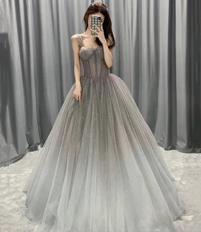 Comfortable prom dresses for long wear-Gray tulle sequins long prom dress A line evening gown 10564 Comfortable prom dresses for long wear-Gray tulle sequins long prom dress A line evening gown 10564